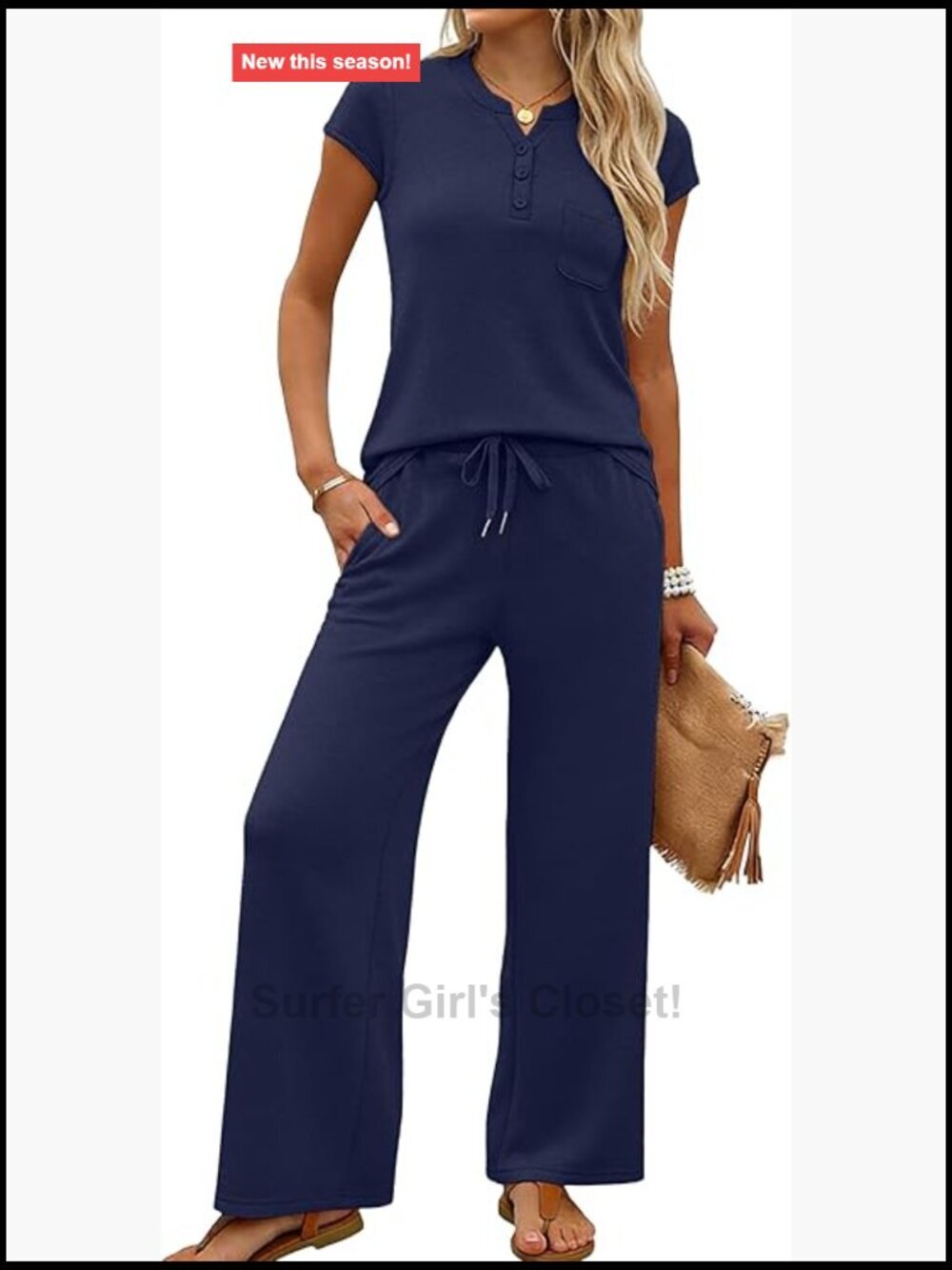 2 Piece Lounge Set Henley Button Down Top Crop Wide Leg Pants Sets for Women